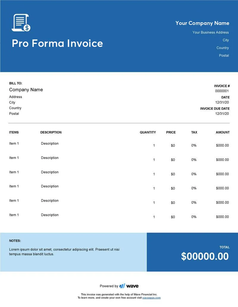An example of a pro forma invoice.
